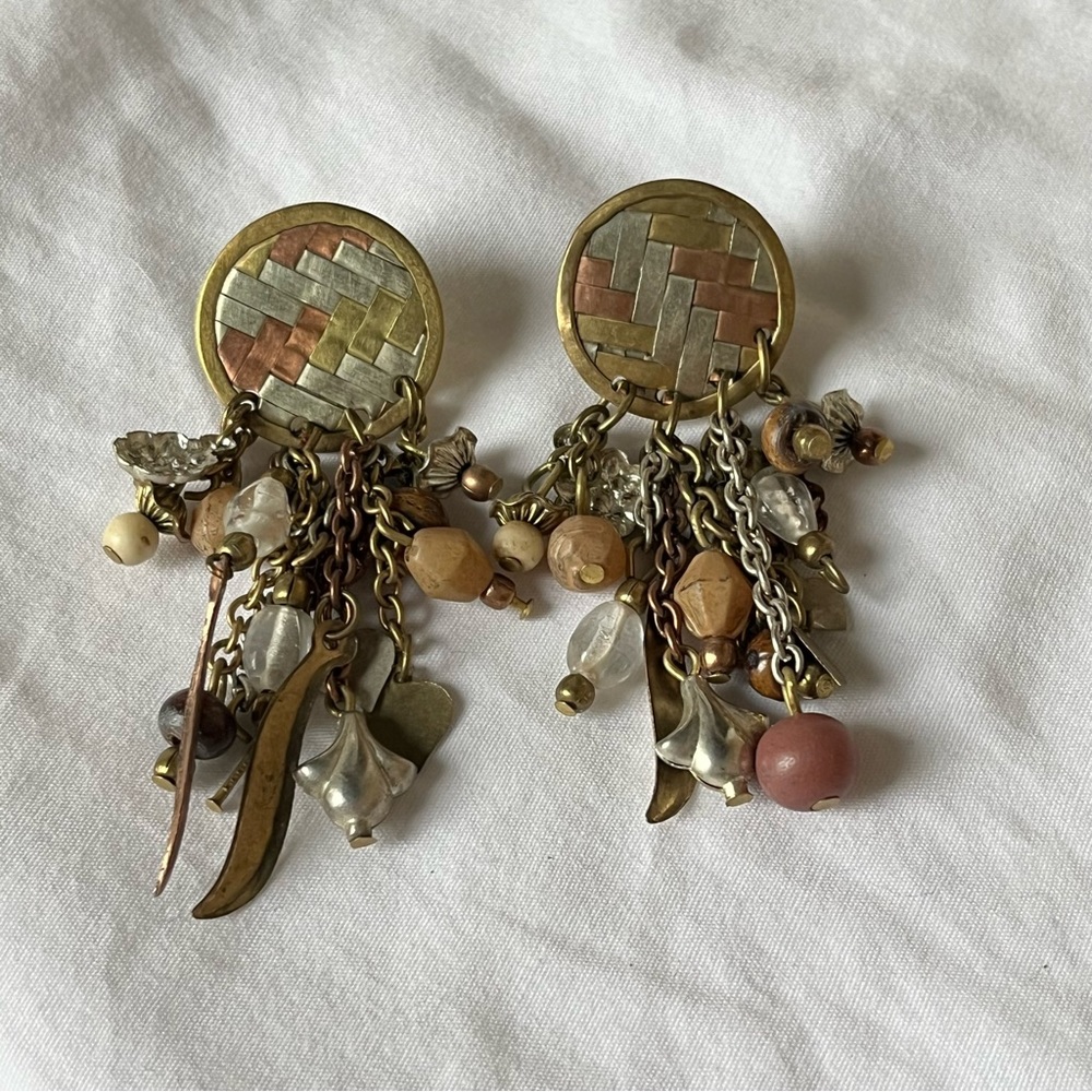 Cream and Brown Chandelier Earrings with Pearl Accents